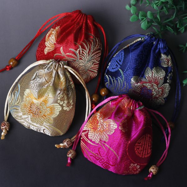 Fond rond chrysanthème Riche Fleur Pochette En Soie De Noël Fête D'anniversaire Sacs De Faveur Cordon Vide Sachet Sacs Pochette De Bijoux Chinois