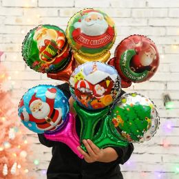 Ballons de Noël ronds bâton décoration main tenant feuille Ballons fête décor à la maison arbre du père Noël joyeux Noël Globos fournitures jouets gonflables pour enfants cadeaux 1113