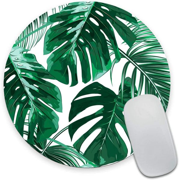 Tapis de souris d'ordinateur rond Feuilles tropicales vertesTapis de souris texturé de qualité supérieure Tapis de souris lavable avec base en caoutchouc antidérapant en tissu Lycra