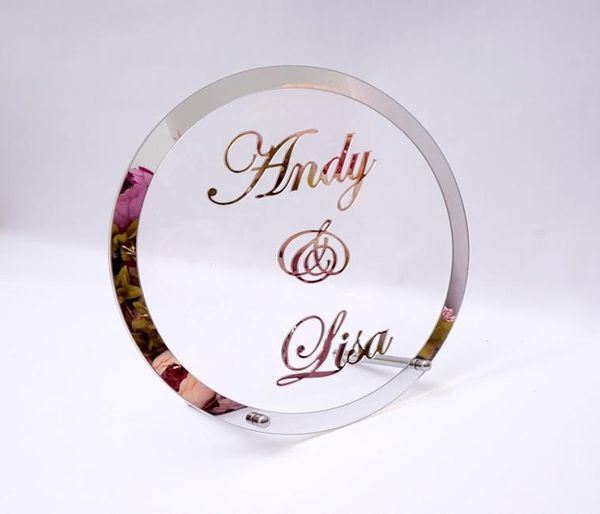 Round Nom de mariage personnalisé Cadre de miroir en acrylique autocollant babyshower Mot Sign Cercle Shape Party Decor Assiette avec clou3820331