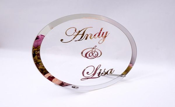 Round Nom de mariage personnalisé Cadre miroir en acrylique autocollant babyshower Mot signe de la forme du cercle assiette de décoration de fête avec clail6011976