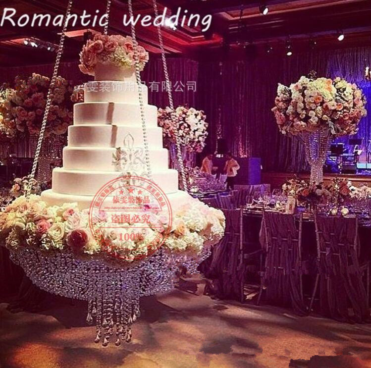 Araña de cristal redonda D60, soporte para pastel colgante con mesa de pastel con cuentas de cristal para decoración de fiesta de boda y cumpleaños