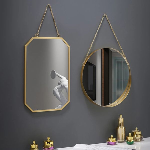 Miroirs décoratifs ronds en verre, décoration de maison, salle de bains, chaîne de vanité, miroir de maquillage suspendu au mur hexagonal, décoration d'intérieur artistique 240219