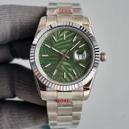 Montre pour hommes, cadran rond vert olive, 41mm, motif feuille de palmier, étanche, résistante aux rayures, cristal bleu, boucle pliante, acier inoxydable 3250