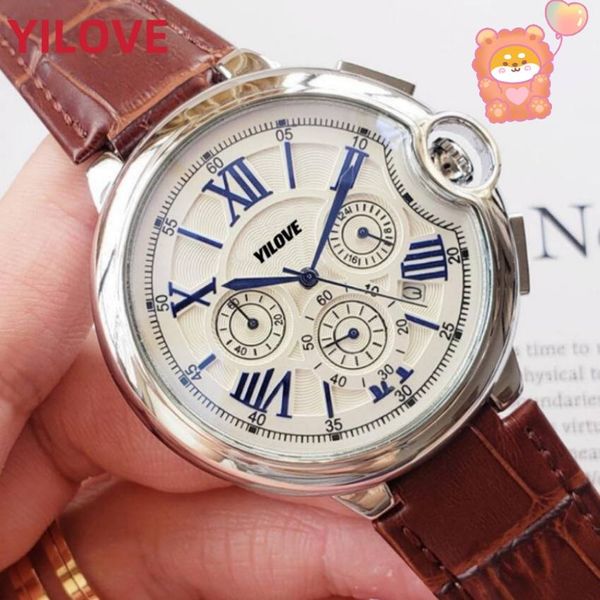 Diales redondos Mission Brand Mens 48mm Reloj de cuero genuino Caja de acero inoxidable Reloj Moda Cuarzo Calendario impermeable Hombres Reloj de pulsera de negocios al por mayor