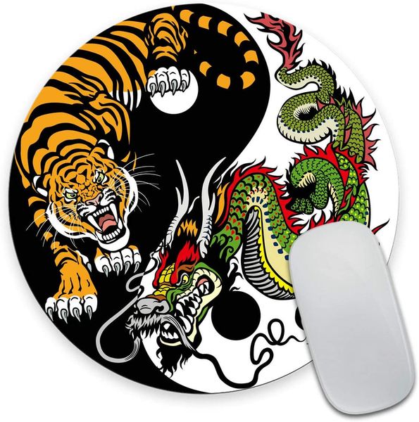 Tapis de souris de jeu rond design personnalisé Dragon et tigre Yin Yang symbole d'harmonie et d'équilibre tapis de souris en caoutchouc antidérapant tapis mignon