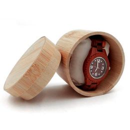 Boîtes de rangement de bijoux rondes montres en bambou naturel boîte en bois porte-montre-bracelet Collection affichage mallette de rangement cadeau Q935