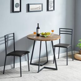 Table de cuisine ronde avec 2 chaises rembourrées, ensembles de dinette en bois 3 pièces avec cadre en acier pour coin petit-déjeuner, salle à manger et petit espace, marron