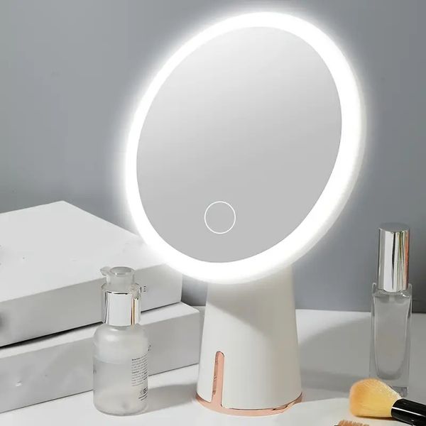 Espejo de tocador LED redondo, espejo de tocador de maquillaje regulable con pantalla táctil, espejo de belleza de escritorio portátil con luz, recargable por USB