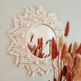 Miroir mural décoratif rond en macramé, style Boho, décoration de maison, maquillage, salon, chambre à coucher, décoration de noël et de mariage, cadeau 240322