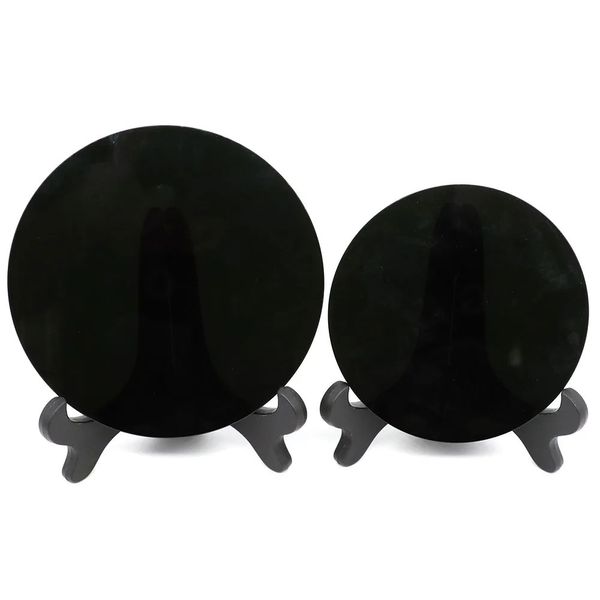 Miroir rond en pierre naturelle noire obsidienne guérison cristal stoie artisanat borne de décoration de décoration de maison de maison avec support 240408