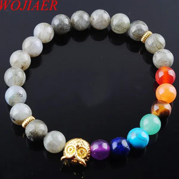 Pulsera redonda de hebras de búho de piedra Natural cuentas de ojo de tigre brazaletes elásticos mujeres hombres 7 Chakra Yoga joyería regalos BK327