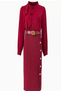 Round Neck Bowknot Decoratieve Longsleved LaceUp Taille Sheath Button Split Business Dress 2021 Autumn New1516914