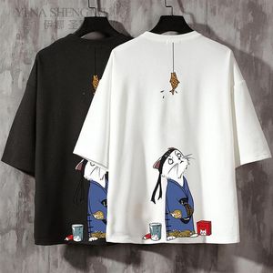 Col rond Style chinois hauts vêtements asiatiques nationaux Harajuku Kimono Streetwear T-Shirt Hip Hop chat imprimé été haut japonais Ethn256P