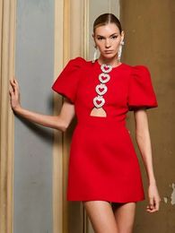Round Neck Hartshape Holllow Out Decor Mini Dres Puff Short Sleeve Slim Aline Dresses 2024 Lady High Street Vestidos 240508