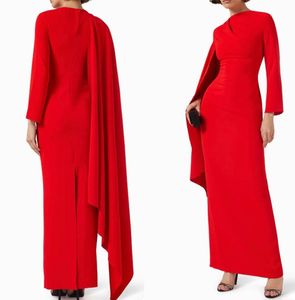Round Neck Shath Evening Jurken Long Prom Dress Elegant Long Sleeve Red Crepe Formele feestjurk voor vrouwen