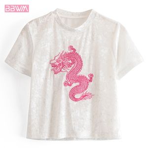 Col rond Été Manches courtes Femme Rose Dragon Broderie T-shirt Slim Court Top Version coréenne des femmes 210507