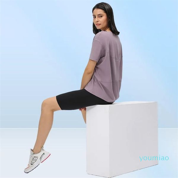 Col rond T-shirts Dame Yoga Tenue Couleur Unie Femmes Hauts De Sport Fille Fitness Chemise Doux Coupe Décontractée Haut Tenue Décontracté