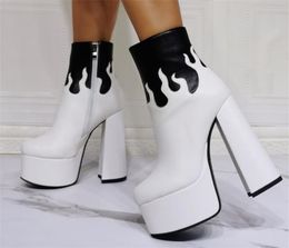 Round nieuwste teen High Women Platform Chunky Short Boots White Pink Mat Leather Dikke Heel Enkle Booties Big Size Shoes 5