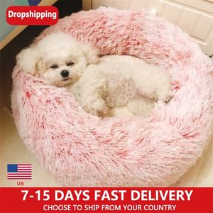 Round Pet Bed Cat Dog Winter Warm Slaap huis Wasbaar Lang pluche Dog Kennel Cat Bed Kennel Nest Vouwbare puppykussenmat 201225