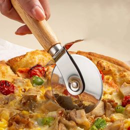 Coupe-pizza rond en acier inoxydable confortable avec manche en bois coupe-couteau à pizza pâtisserie pâtes pâte cuisine ustensiles de cuisson