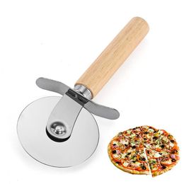 Outil de coupe à pizza ronde en acier inoxydable confortable avec manchette à pizza en bois pâte à pâtes pâtes pâte à cuisiner outils de pâtisserie 1107