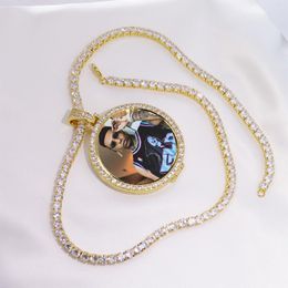 Collier rond avec pendentif médaillon Po sur mesure, chaîne de Tennis, couleur or, Zircon cubique, bijoux Hip Hop pour hommes, 213B