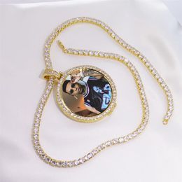 Collier rond avec pendentif médaillon Po sur mesure, chaîne de Tennis, couleur or, Zircon cubique, bijoux Hip Hop pour hommes, 307P