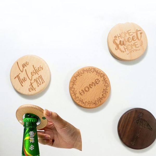 Ouvre-bouteille en bois de forme ronde, dessous de verre vierge, aimant de réfrigérateur, décoration, ouvre-bouteille de bière, logo à graver gratuitement SN746