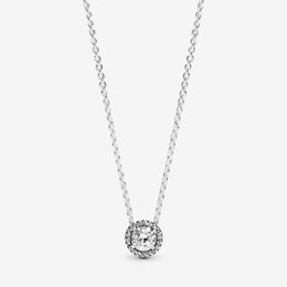 Collier rond Sparkle Halo pour Pandora, bijoux de créateur de mariage en argent sterling véritable pour femmes, cadeaux de fiançailles en diamant CZ, colliers avec boîte d'origine