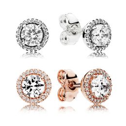 Ronde Sparkle Halo Oorknopjes CZ diamant 925 Sterling Zilver Vrouwen Heren Huwelijkscadeau met Originele box set voor pandora Oorbellen