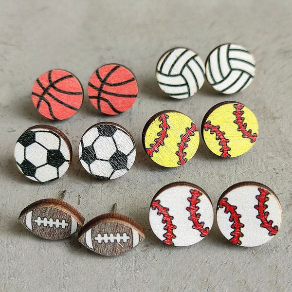 Boucles d'oreilles rondes en bois pour sport, Baseball, Rugby, Football, basket-ball, accessoires de mode