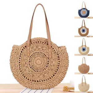 Ronde stro strandtas vintage handgemaakte geweven schoudertas raffia cirkel rotan tassen boheemse zomer vakantie casual tassen x220331