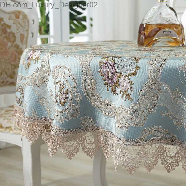 Nappe ronde Couverture de table bleue Europe Épaissir la dentelle brodée en trois dimensions Jacquard Fleur Table à manger Housse de chaise Ensemble Q230829