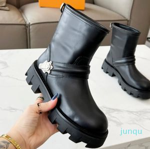 Botas con hebilla de cuero genuino y punta redonda, botines Martin, marcas de diseñador de lujo resistentes para mujer, botas con banda elástica