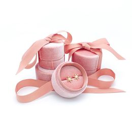 Ronde fluwelen sieraden doos roze boog banding handgemaakte ketting ring sieraden case SN2532