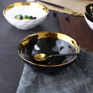 Ronde witte zwarte keramische salade kom goud Japanse stijl noodle container voor soep rijst bowl ceramica set keuken tool servies 201214