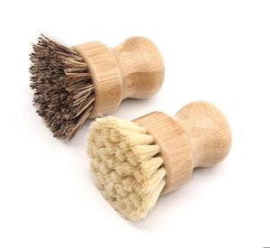 Brosse ronde en bois, manche de Pot, plat, ménage, Sisal, palmier, bambou, tâches de cuisine, brosses de nettoyage C0308