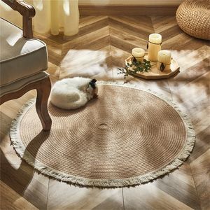 Ronde geweven tapijten handgemaakt rattan tapijt met kwastje voor slaapkamer woonkamer vintage home decor vloermatten chic kamer deur mat 220505