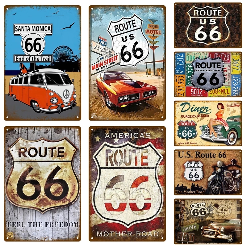 RetroVision Route 66 Metal Sign: Vintage Car Decor Art, 20x30cm Tin Plate Poster for Home, Garage, Office & More.