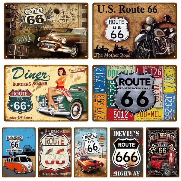 Ruta 66 Cartel de pintura de metal Placa de letrero de estaño Carteles de pared Vintage Retro Estética Decoración de la habitación Arte de la pared Decoración Hombre Cueva 20 cm x 30 cm Woo