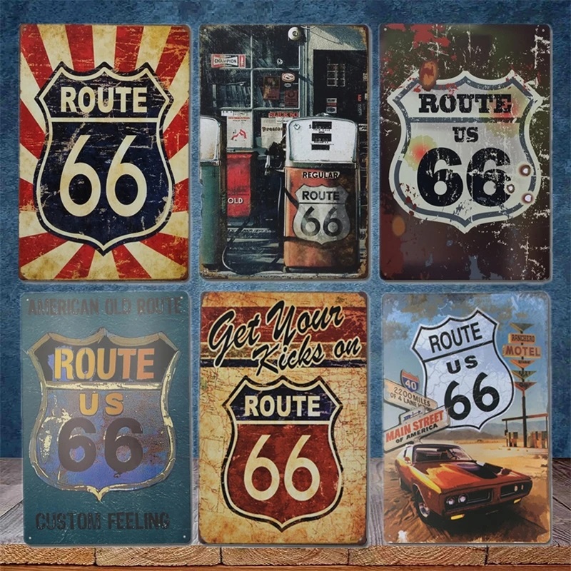 Vintage Route 66 Tin Sign - Retro Metal Plaque for Club, Garage & Man Cave Decor | 30X20CM Wall Art Plate with Classic US Highway 66 Design.