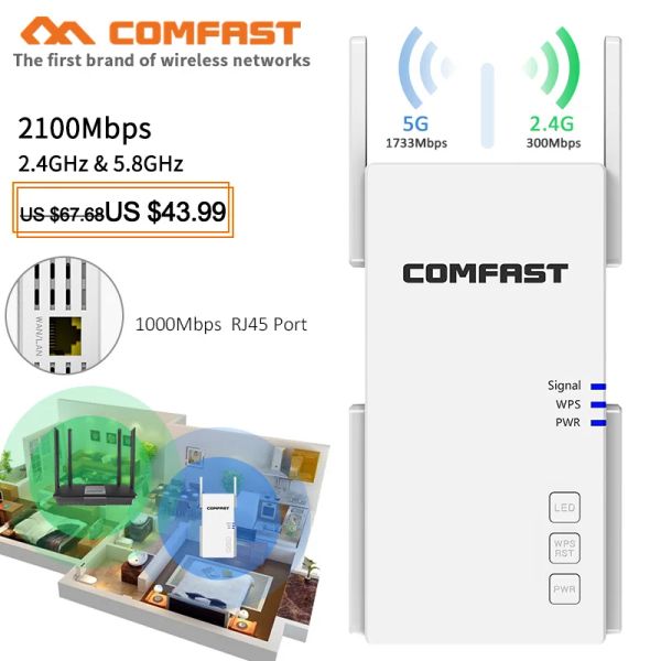 Routeurs AC2100 Répéteur WiFi sans fil à double bande 2,4G5.8g à longue portée Extender WiFi Amplificateur Booster avec 4 antennes WiFi Router