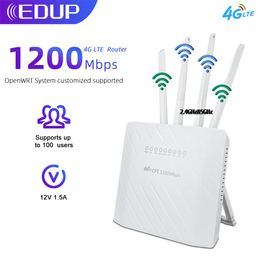 Routers EDUP 4G WIFI ROUTER 1200Mbps OpenWrt System 4G CPE Sim Card Router Cat4 Cat6 Wireless 4G LTE WiFi Modem 2.4GHz 5,8 GHz 100 gebruikers