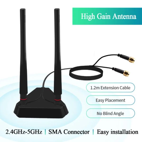 Routers High Gane 2.4G/5GHz Dual Band 6dbi SMA Cable de antena externa omnidireccional para el adaptador WiFi de escritorio PCIe Enrutador inalámbrico AP