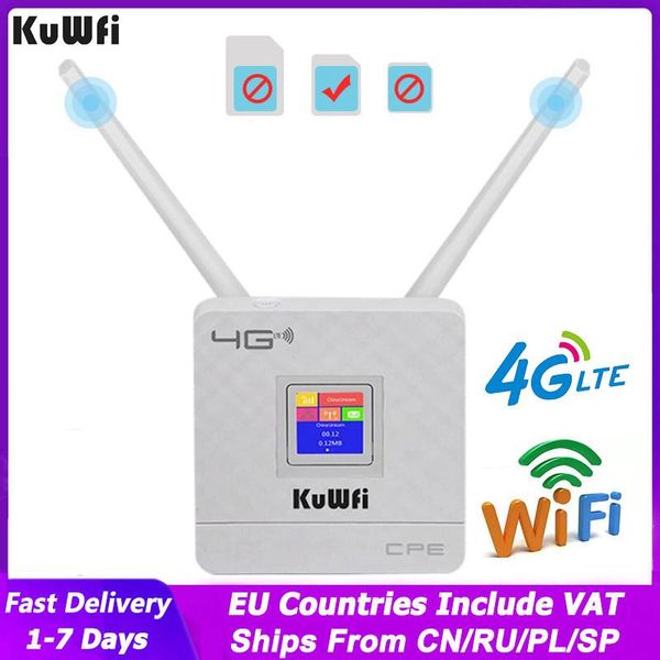 Routers Kuwfi 150Mbps Router inalámbrico 4G Wifi Router con ranura de tarjeta SIM RJ45 Antenas externas duales para soporte doméstico 10 usuarios de WiFi