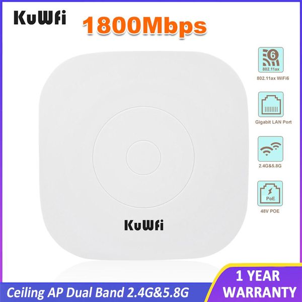 Routers Kuwfi 1800Mbps Wifi 6 Router Wireless Plafond AP 2.4G 5.8G 11ax WiFi Range Extender Router Access Point Gigabit LAN 48V PoE