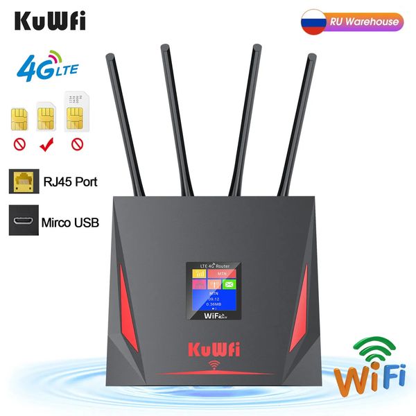 Roteadores KuWfi 4G LTE Router 150Mbps Wireless CPE 3G SIM Wifi com RJ45 WAN LAN Porta Antena Externa de Alto Ganho 10 Usuários 231018