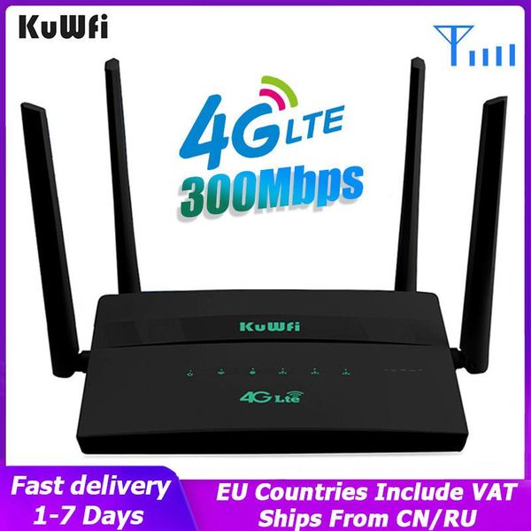 Routers Kuwfi 4G WiFi Router 300Mbps Router SIM inalámbrico con SIM Card Modem Soporte 32 Repetidor WiFi de usuario 4 Configuración de VPN antenas