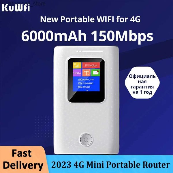 Routers Kuwfi Mobile Wifi Router 6000mAh Portable 3G 4G LTE Router 150Mbps de bolsillo para exteriores inalámbrico WiFi con la ranura de tarjeta SIM Q231114